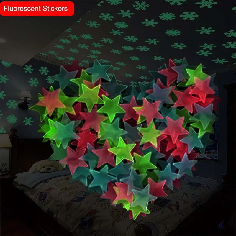 350x 3D Snowflake Luminous Wall Sticker Fluorescent Glow In The Dark Wall Decals 