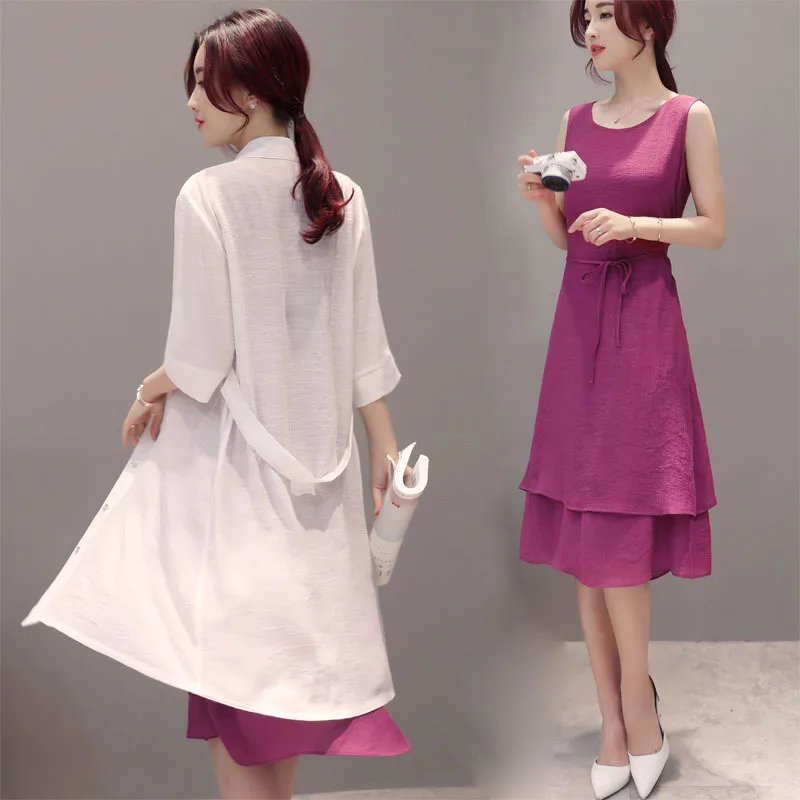 

Cotton Linen Dress Women's Mid-length 2019 Spring Clothing New Style WOMEN'S Dress Large Size Loose-Fit Slimming Set Skirt Two-P
