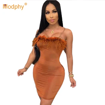 

Modphy 2020 Fashion New Black Bandage Dress Women Sexy Bodycon Square Collar Sleeveless Feather Mini Dress Club Banquet Vestidos
