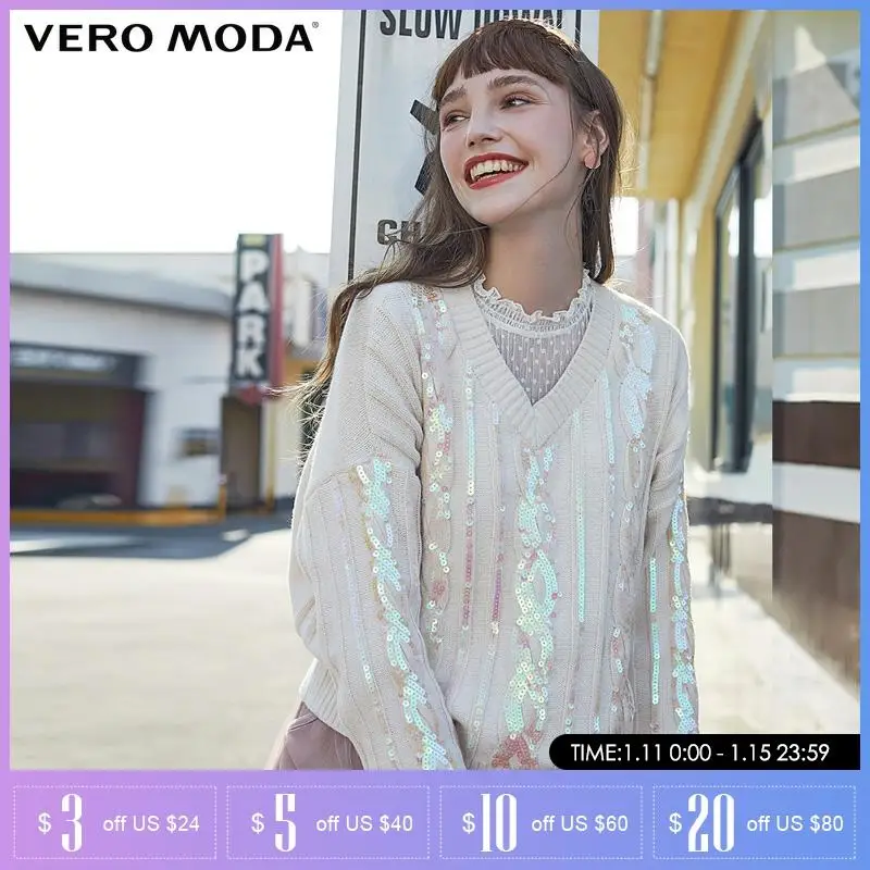 Vero Moda Loose Fit V-neckline Drop-shoulder Paillette Sweater | 319424517 Женская одежда