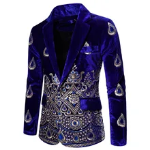 Blue Blazer for Men Men's Luxury Blazer Costume Stage Jacket Suit Male Velvet  Gold Thread Embroidered Dress Suit for Men