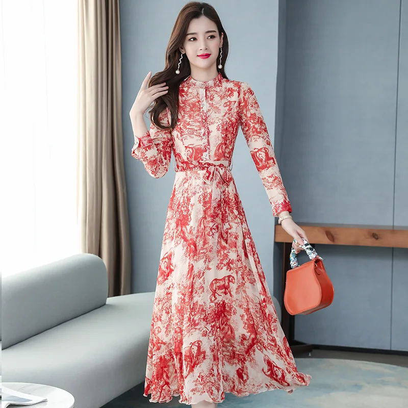 

2020 Spring New Style Long Floral Dress Women's Elegant Cover Meat Slimming Dress over-the-Knee