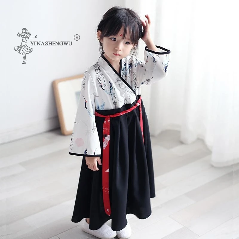 Little Girl Baby Crane Print Robe Set Japanese Girl Dress Kimono Costume Child Floral Embroidery Tops Skirt Kids Yukata Clothes japanese kimono