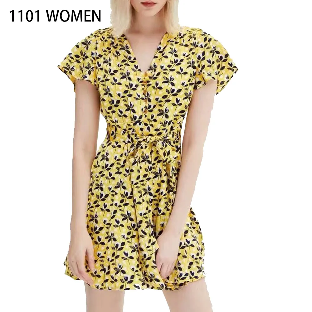 Платье ZA женское винтажное с коротким рукавом треугольным вырезом и цветочным