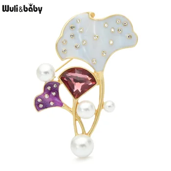 

Wuli&baby Pearl Ginkgo Biloba Leaves Brooches For Women Crystal Flower Weddings Office Casual Brooch Pins Gifts