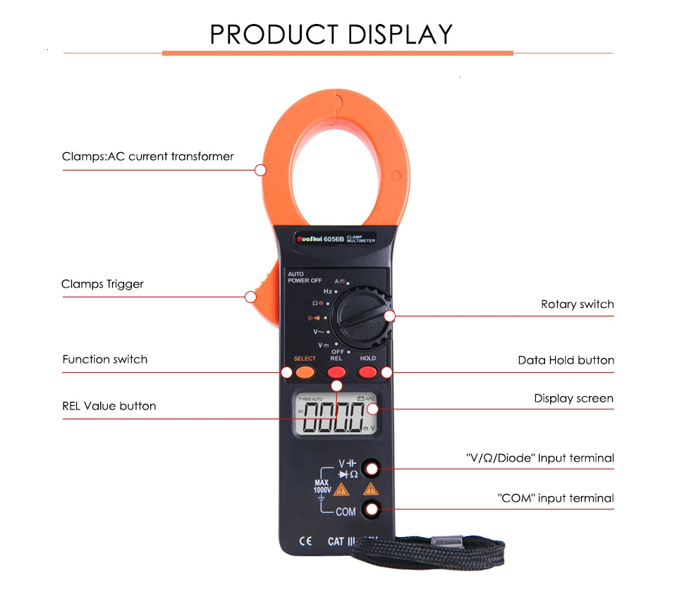 RuoShui VC6056B True RMS цифровой мультиметр токовые клещи Амперметр AC DC 1000A Amperimetro Емкость Частота электрическая