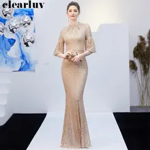 Длинные вечерние платья размера плюс Robe De Soiree DX266-2 цвета шампанского золота с круглым вырезом женское вечернее платье с блестками элегантное платье русалки