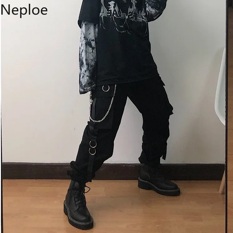 Neploe Harajuku BF женские брюки корейские карманы цепь эластичный пояс брюки свободные с высокой талией женские брюки длиной до щиколотки 80452