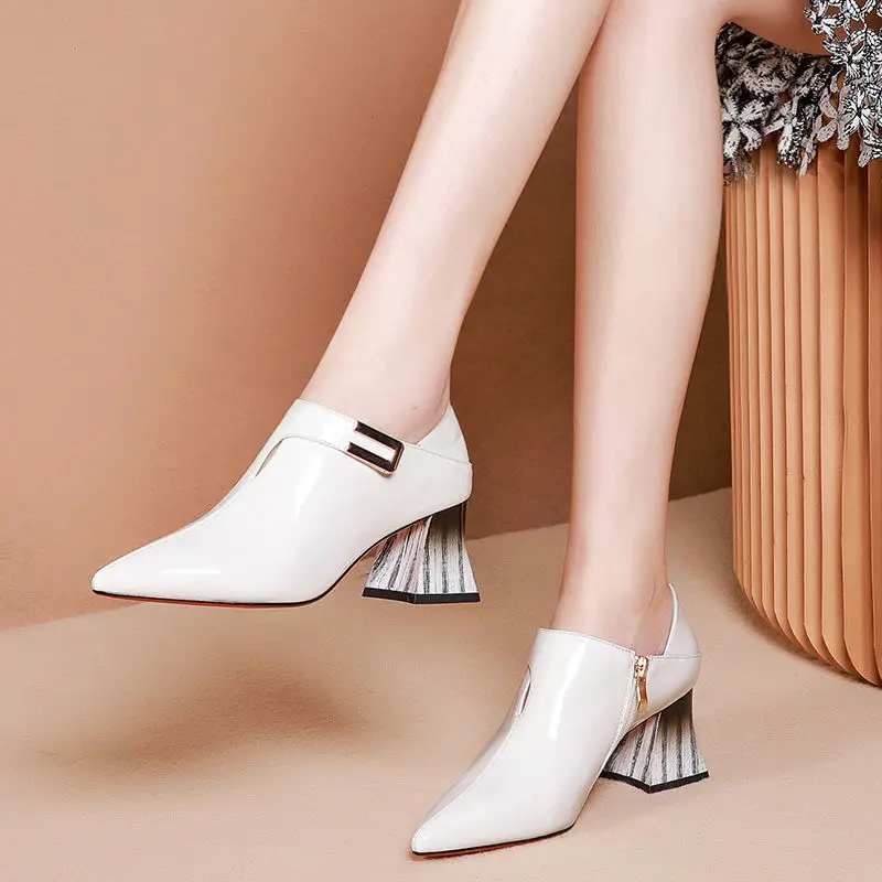 FHANCHU New Spring Soft Leather Shoes,High Heels,Women Pumps,Square Metal Buckle,Pointed Toe,Side Zip,White,Black,