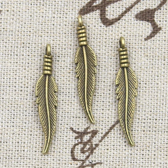 20pcs Charms Double Sided Feather 31x6mm Antique Bronze Silver Color Pendants Making DIY Handmade Tibetan Finding Jewelry Antique Bronze Plated