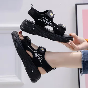 

Women Chunky Sandals Platform Mesh Wedges Shoes For Woman Flower Designers Beach Casual Shoes Hook Loop Black Sandal Female 2020