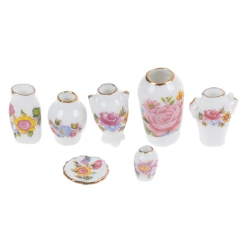 

7Pcs/lot Mini 1:12 Dollhouse Miniature Porcelain Flower Vase Dolls House Accessories Simulaiton Furniture Toys