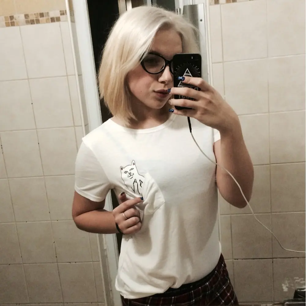 

Summer Tshirt Vestidos Cheap Cloth All Match T Shirt Women Brand Middle Finger Pocket Cat Print Plus Size Women Short T-shirt