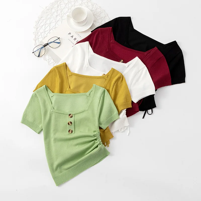 Женская трикотажная футболка облегающая короткая с высокой талией Женский