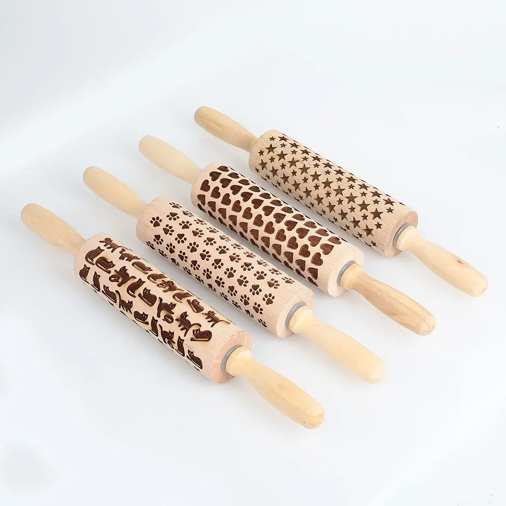 Wood Rolling Pin Cake Party Cookies Christmas Dough Roller Bakng Mold Tool Gingerbread DIY Beautiful Carving Kitchen
