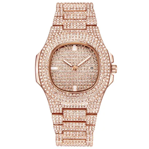 Хип-хоп шикарные алмазные часы мужские серебряные из нержавеющей стали Мужские кварцевые наручные часы водонепроницаемые Relogio Masculino xfcs подарок - Цвет: rose gold