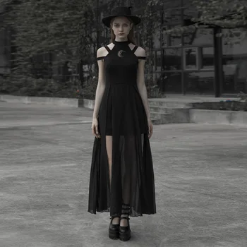 

PUNK RAVE Women's Embroidered Mid-length Dress Gothic Irregularly Chiffon Open Fork Sexy Strapess Long Dress