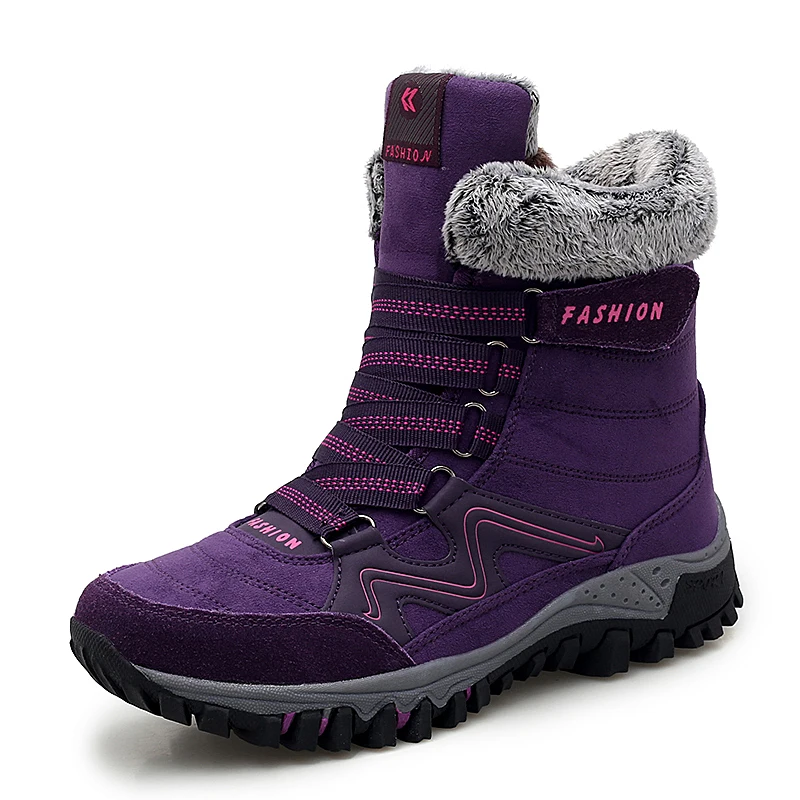 Новые мужские ботинки зимние с плюшем водонепроницаемые женские зимние ботинки мужские меховые теплые повседневные ботильоны Рабочая безопасная резиновая обувь - Цвет: Purple Women