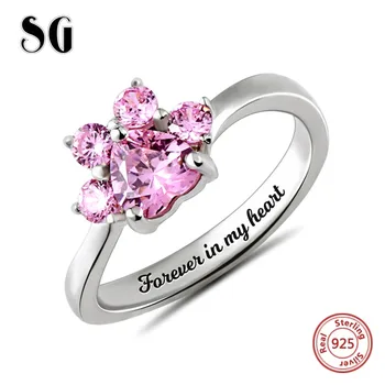 

100% 925 Sterling Silver Personalized Engraved Birthstone Dog paw Finger Rings for Women Sterling Silver Custom Jewelry gifts