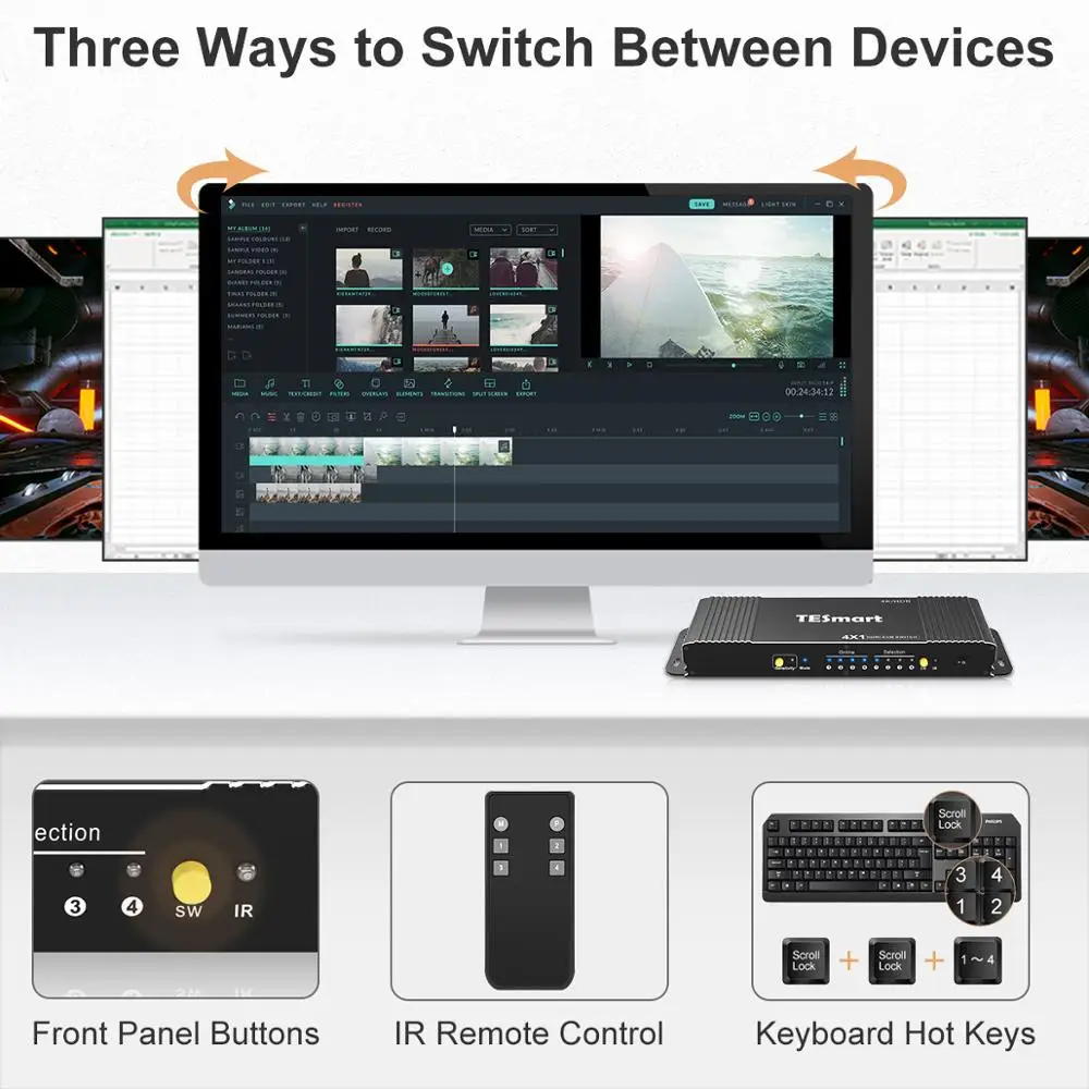KVM Switch 4 Port 4K@60Hz Ultra HD 4x1 with 2 Pcs 5ft KVM Cables Supports USB 2.0 Device Keyboay  & Mouse Pass Through