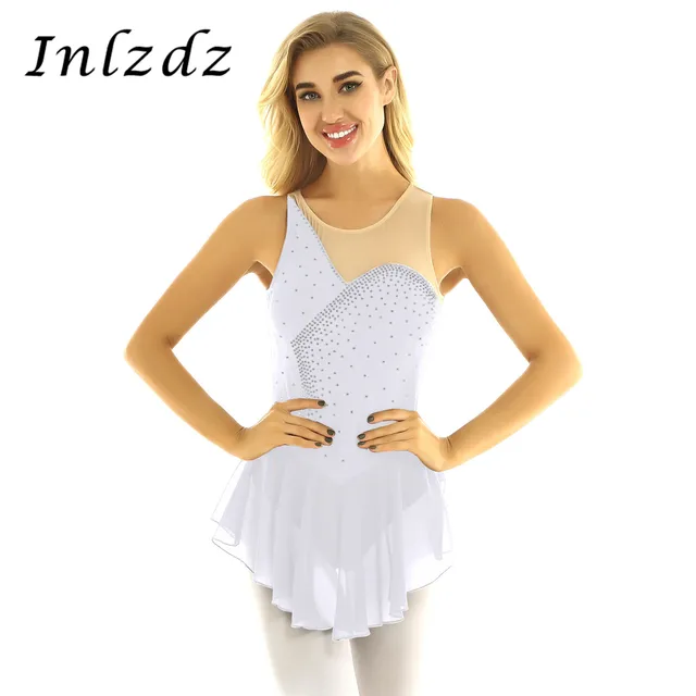 US $11.59 Women Ballet Leotard Costume Shiny Rhinestones Mesh Spliced Bodice Figure Ice Skating Roller Skatin