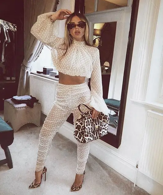 Dot Mesh Women Party Outfits 2021 Newest Sexy See Through Long Sleeves High Neck Cropped Top + Skinny Pants Two Pieces Nightclub 6