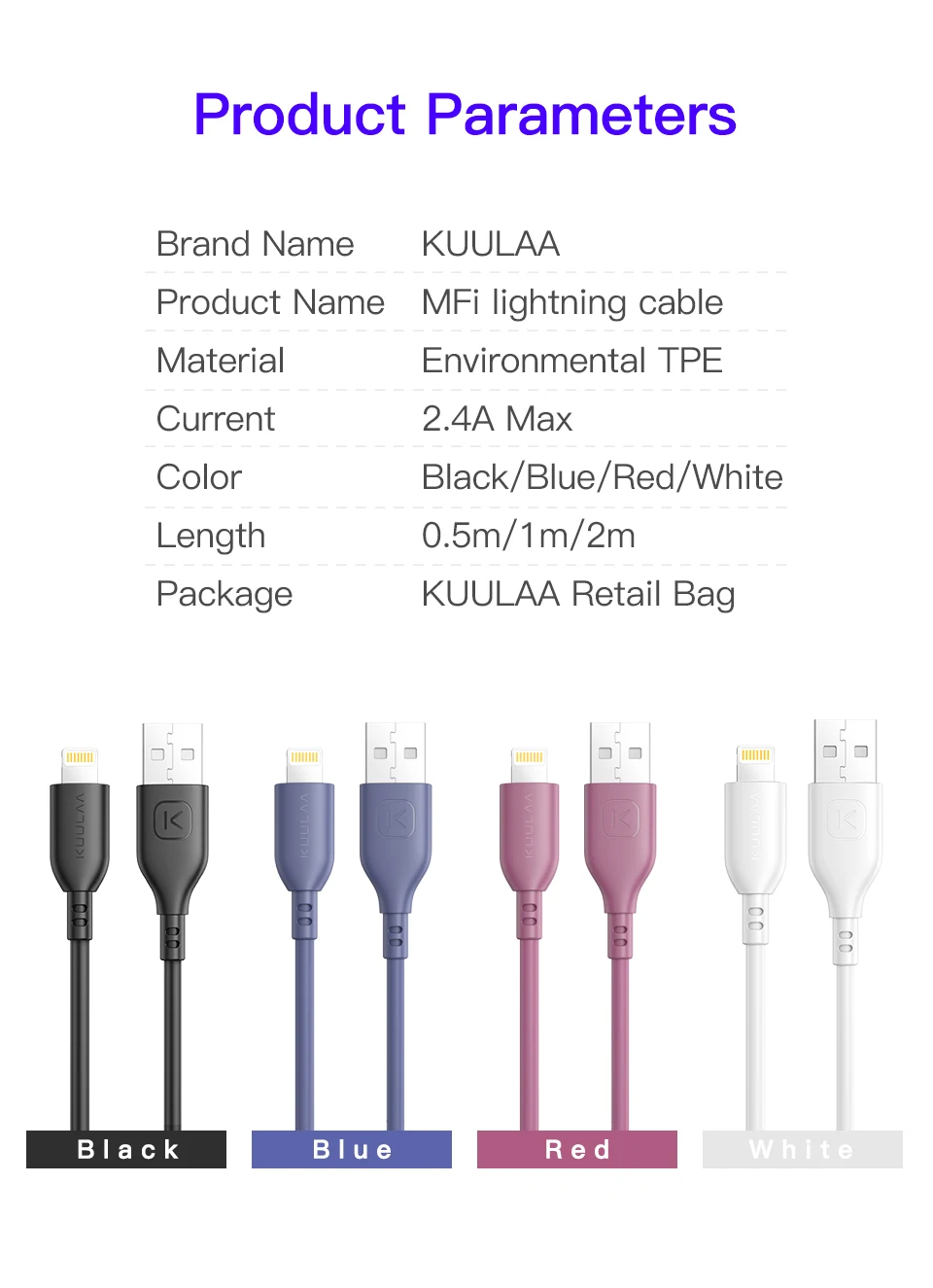 KUULAA MFi USB Cable For iPhone 13 12 11 Pro Max X XS XR 8 7 6 Plus 2.4A Fast Charging USB Charge Cord Data Cable For Lightning type of charger for android