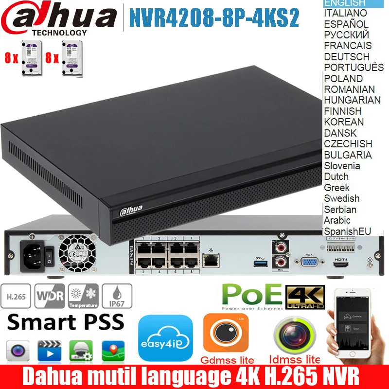 Сетевой видеорегистратор Dahua мультиязычная версия Φ H.265 4K NVR с 2 портами SATA 8POE