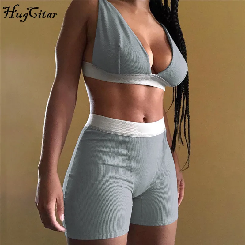 Hugcitar-Top corto sin mangas con cuello en V para mujer, pantalones cortos de ciclista, conjunto de 2 piezas, chándal de moda de calle para otoño e invierno, 2020