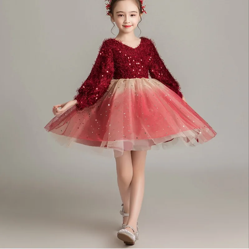 Розничная, нарядное платье для девочек Детские платья принцессы для девочек, платье для выступлений с длинными рукавами и блестками черного цвета и цвета шампанского детская одежда, E92458