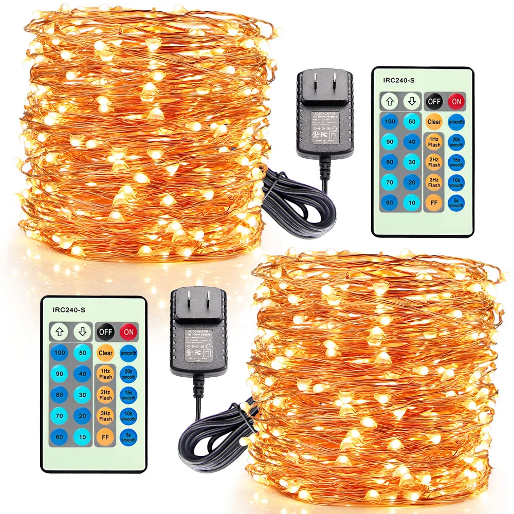 

2Pack 99ft 30m 300 LEDs LED Decorative Warm White Dimmable Copper Wire Fairy String Lights Plug in Remote Starry String Lights