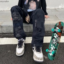 Pantalones vaqueros rasgados para mujer, jeans holgados de Hip Hop Y2K, jeans de equipo para mujer, jeans bordados, jeans negros, jeans desgastados