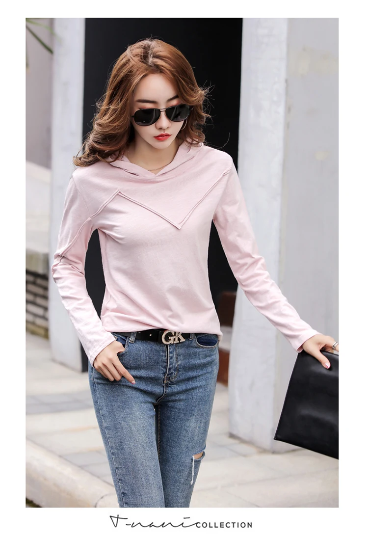 Корейская розовая футболка женская Осенняя футболка с капюшоном Повседневная футболка женский хлопковый топ Harajuku Мягкая футболка женская с длинным рукавом плюс размер