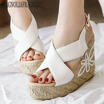 

Woman Summer Wedge Sandals Platform Ladies High Heels Shoes Women Fashion Straw Buckle Open Toe Casual Female Footwear hy576