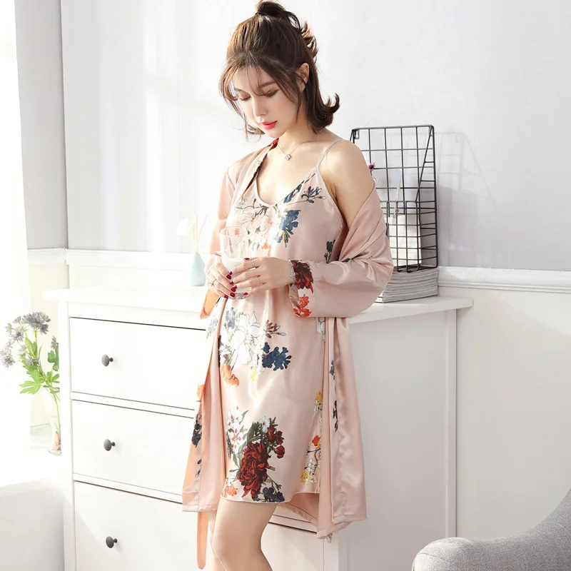 

2020 New Women's Silk Simulation Elegant Suspender Robe 2-piece Set Solid Warm Household Women's Wear Robe Sets