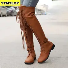 Сапоги выше колена женские высокие сапоги с круглым носком на квадратном каблуке г., высокие сапоги на шнуровке женская обувь размер 43