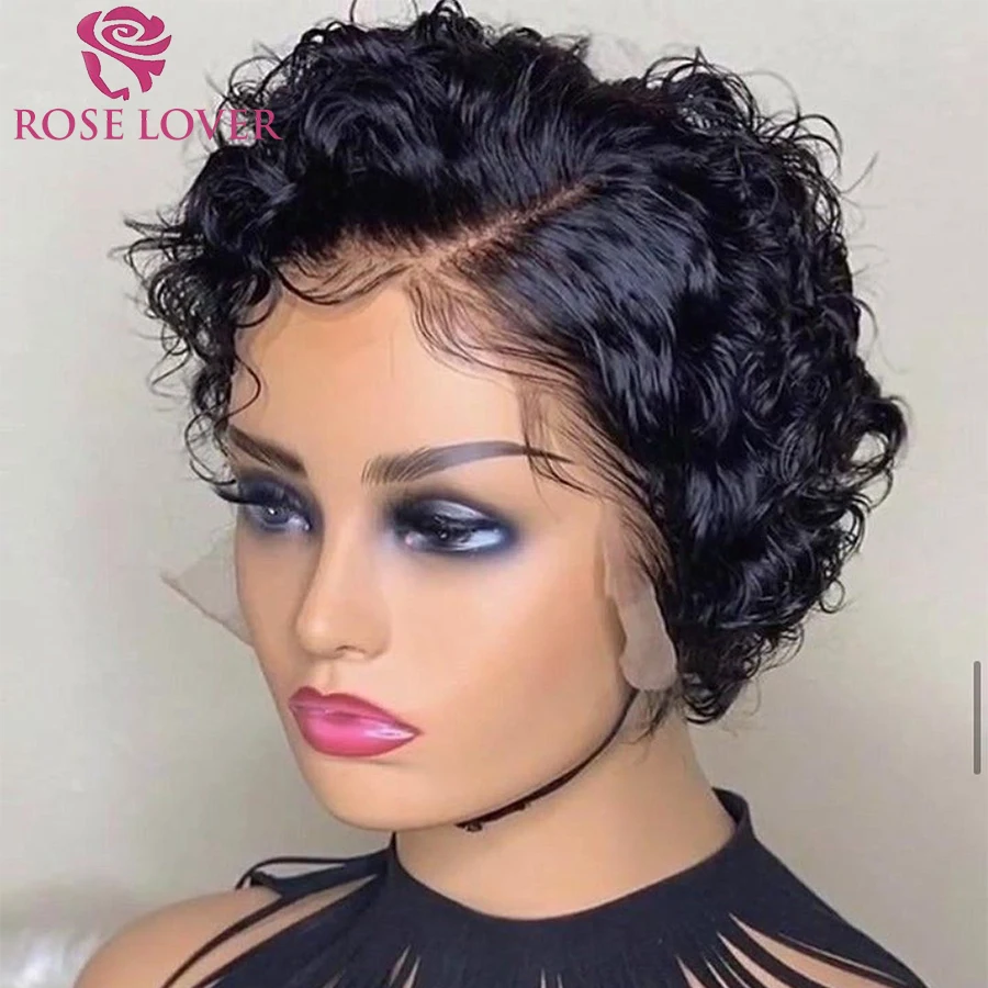 Closure Wig Human-Hair 250%Curly Short Bob Black Women 4x4 for with Baby Brazilian Pixe-Cut