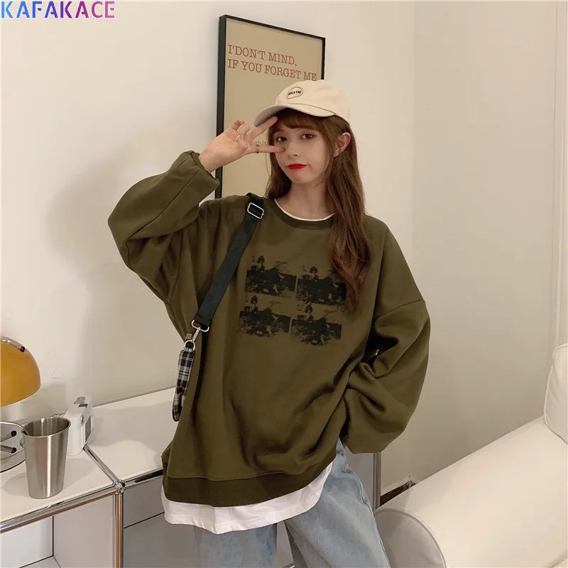

KAFAKACE 2020 Women Hoodies & Sweatshirts Pattern Printed Tops&Tees Casual Hoodies Fake Two-Piece Sweatshirts New Loose Pullover