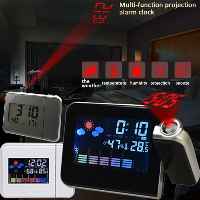 

Projection Alarm Clock With Weather Station Thermometer Date Display Digital Clock USB Charger Snooze LED Projection