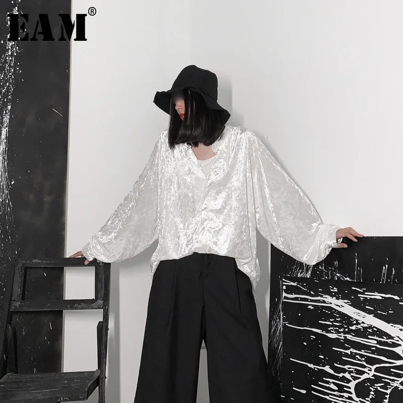 [EAM] Женская Черная Вельветовая длинная блуза большого размера с v образным