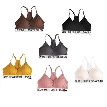 

Women Sexy Deep V-Neck Sports Bralette Ribbed Knit Adjustable Spaghetti Strap Bra Racerback Letters Wide Band Splicing Underwear