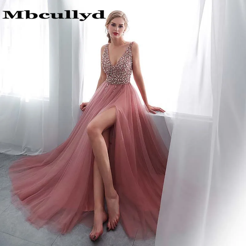 

Mbcullyd V Neck Beading Evening Dress Lace Up Evening Dress With Slit Evening Gown 2019 Long Formal Prom Dress Robe De Soiree