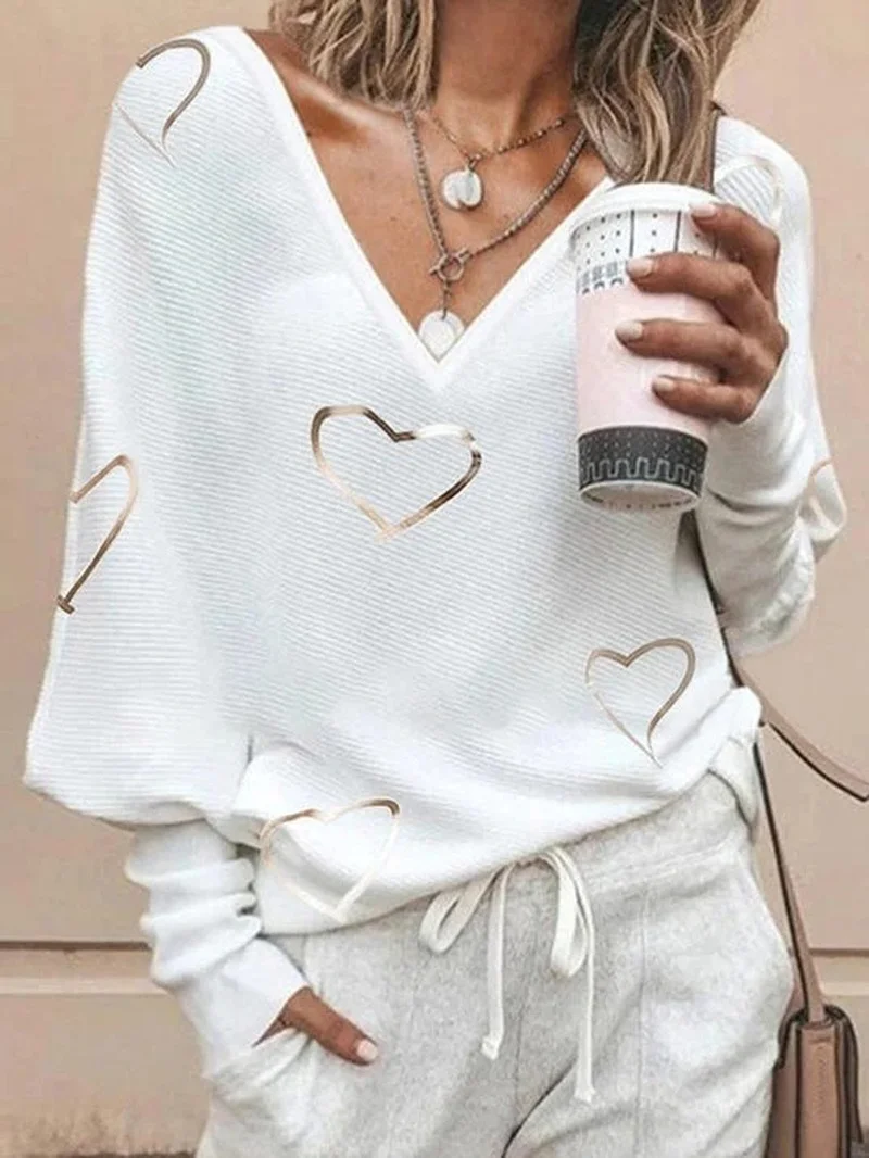 Рубашка женская с принтом Повседневная рубашка V-образным вырезом Топ длинным