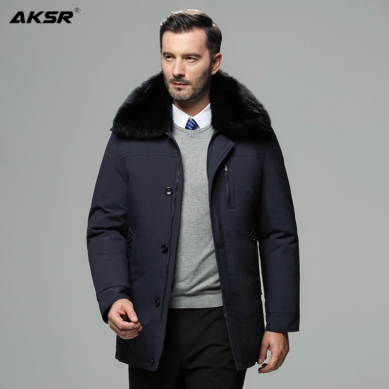 Мужские зимние куртки большого размера на белом утином пуху с меховым воротником