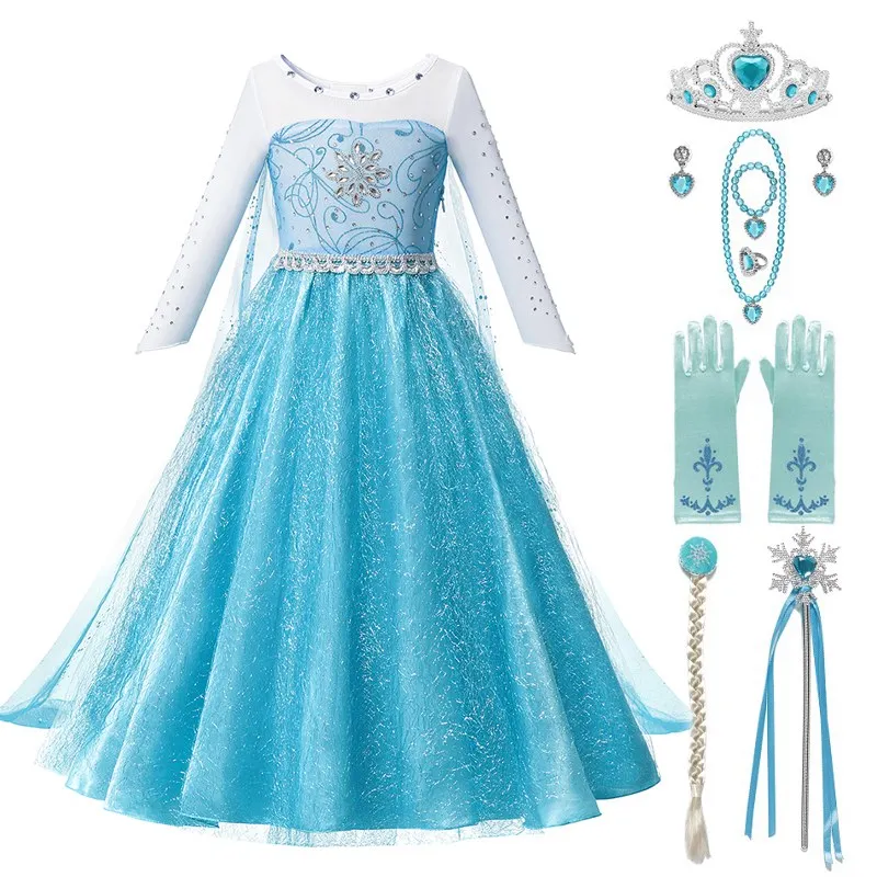 Elsa Dress Set 03 MUABABY/платье принцессы Эльзы для девочек со шлейфом; детское платье Снежной королевы с длинными рукавами, украшенное бисером; карнавальный костюм на Хэллоуин; платья - Цвет: Elsa Dress Set 03