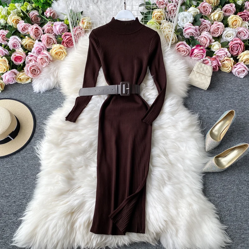 

Temperament Women's Dress Solid Color Long Sleeve Knit Dresses Female High Waist Slim A-line Vestidos 2021 Autumn Winter