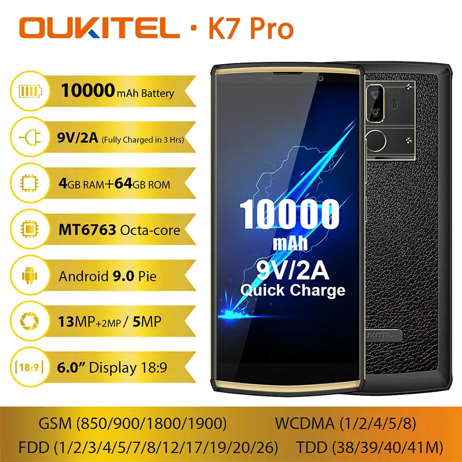 OUKITEL K7 Pro 6," FHD+ 18:9 Android 9,0 смартфон MT6763 Восьмиядерный 4 Гб 64 ГБ 10000 мАч с функцией распознавания лица 9 В/2 а Быстрая зарядка мобильного телефона