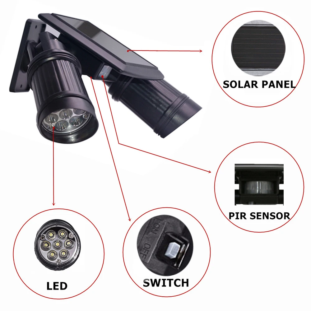 Уличный светодиодный светильник на солнечной батарее с датчиком движения PIR, двойной Точечный светильник s, светильник Безопасности s с батареей, 14 светодиодный светильник с двумя головками, солнечный садовый светильник