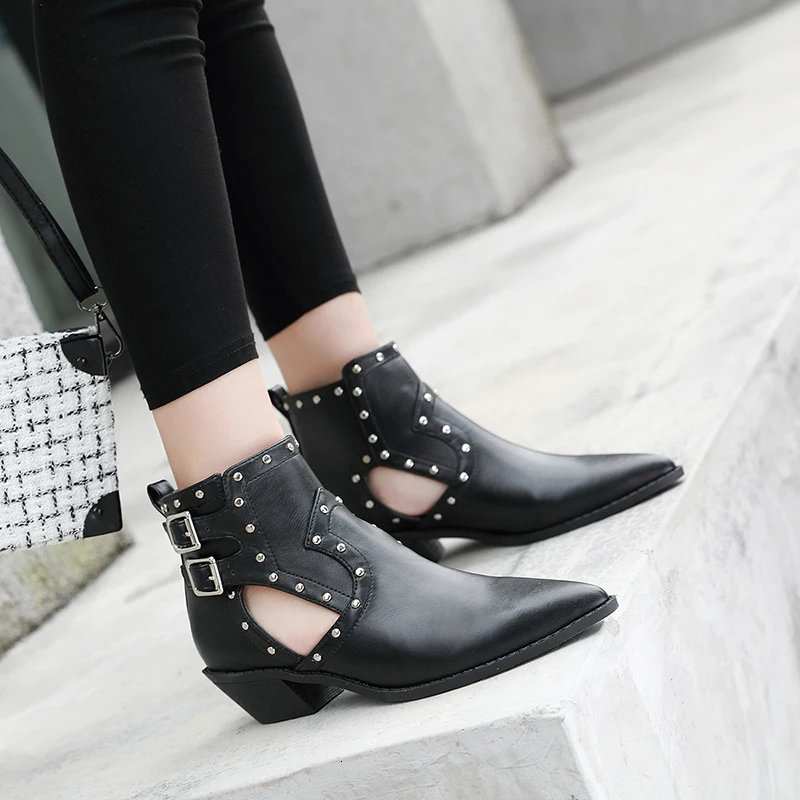 

Shoes Woman Buckle Pointed Toe Ankle Boots Fashion Chunky Heels Boot Ladies Rivet Short Booties Black Patchwork Zapatos De Mujer
