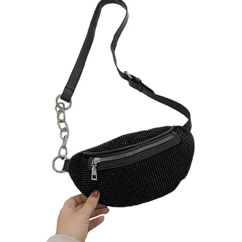 

Women'S Waist Bags Diamonds Ladies Fashion Chest Bag Banana Rhinestone Chain Crossbody Shoulder Bags Belt Bag(Black)